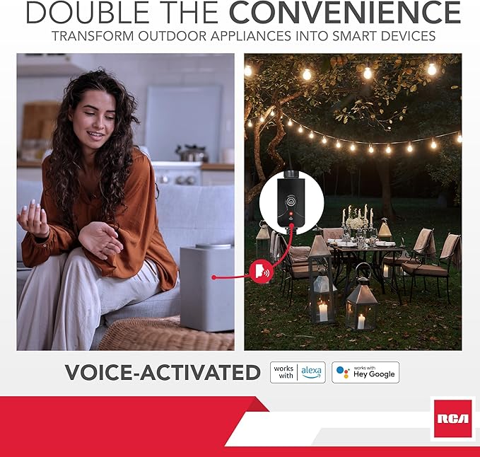 RCA Weatherproof Outdoor Smart Plug w/Outlet Cover, Accessory for Garden & Patio Lights, Lamp, Holiday Decorations, Parties | Set Schedules, Timers | Works w/Google & Alexa Devices for Home, RCA App