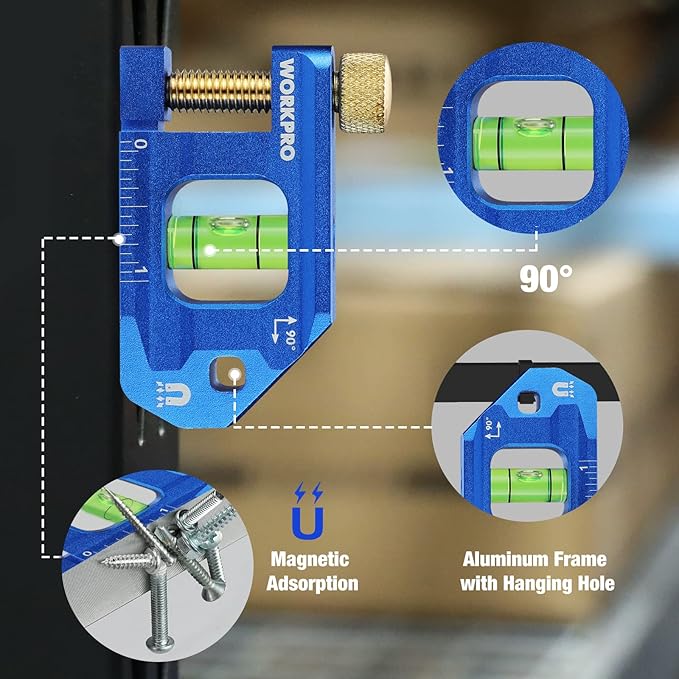 WORKPRO Conduit Bending Level, Small Torpedo Magnetic Level, Bubble Vial for 90° Measurement, Aluminum Alloy Construction, 2.5-inch, Cobalt Blue