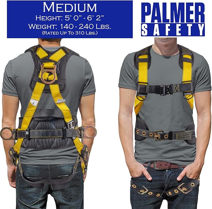 Palmer Safety Hammerhead 5pt Safety Harness Back Padded, QCB Chest, Tongue Buckel Legs Straps, Back & Side D-Rings