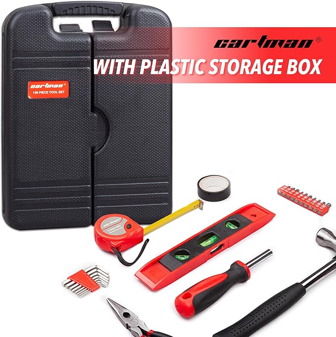 CARTMAN 136 Piece Tool Set General Household Hand Tool Kit with Plastic Toolbox Storage Case