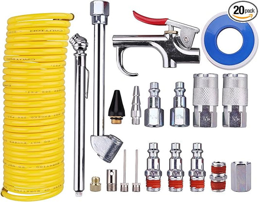 WYNNsky Air Compressor Kit, 1/4 Inch NPT Air Tool Kit with 1/4 Inch x 25Ft Coil Nylon Hose/Tire Gauge - 20 Pieces
