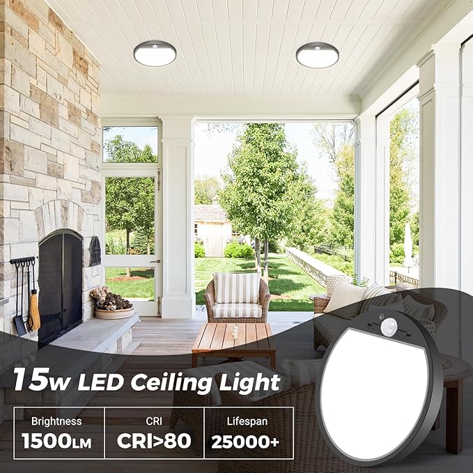 slochi Motion Sensor Light Indoor Hardwired PIR, 3000K/4000K/6500K LED Closet Lights Motion Sensored, 15W 1500LM 7 in, Timer, Motion Activated Flush Mount Ceiling Light for Hallway Wall Pantry, Black