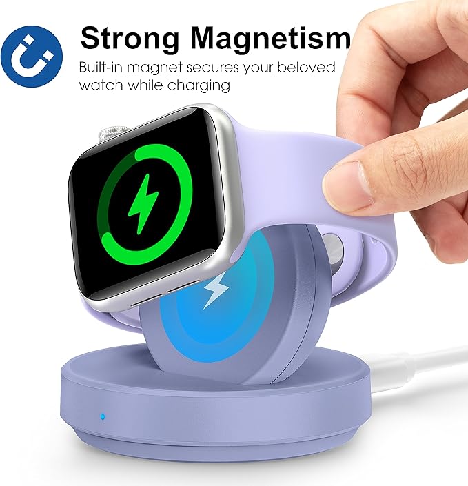 Portable Magnetic Charging Dock for Apple Watch, Wireless Fast Watch Charger Stand with Charging Cable, Support Nightstand Mode, Compatible with Apple Watch 10 9 8 7 SE 6 5 4 3 2/Ultra 2-Purple