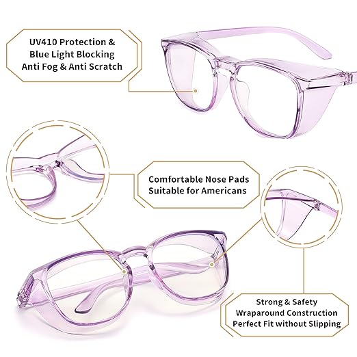 Alsenor Safety Glasses Anti Fog Goggles Protective Eyewear Blue Light Blocking Anti Dust UV Protection Glasses For Men Women (Lilac)