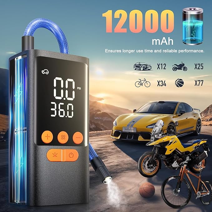 Tire Inflator Portable Air Compressor - Cordless Air Pump for Car Tires - 150PSI &10000 mAh Battery Portable Tire Inflator for Car with Pressure Gauge, Motorcycle, Ball, Mini Tire Pump for Bike