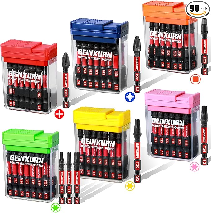 90 Pieces Impact Screwdriver Bits Set with Colorful Boxes, 2" Magnetic (PH2,PZ2,SQ2,T10,T15, T20,T25,T30) S2 Steel Multi Driver Bits