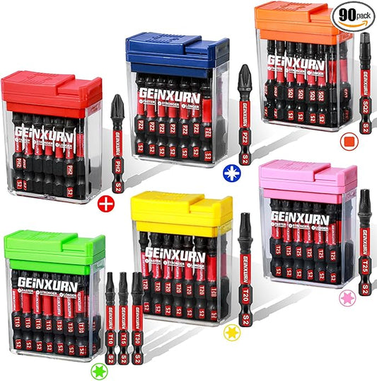 90 Pieces Impact Screwdriver Bits Set with Colorful Boxes, 2" Magnetic (PH2,PZ2,SQ2,T10,T15, T20,T25,T30) S2 Steel Multi Driver Bits