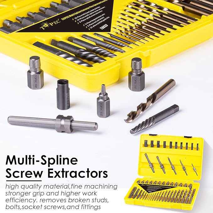 Topec 55-Piece Screw Extractor & Broken Bolt Extractors, Multi-Spline Extractors, and Drill Bits for Removing Damaged, Frozen, Rusted, Rounded-Off Bolts & Screws
