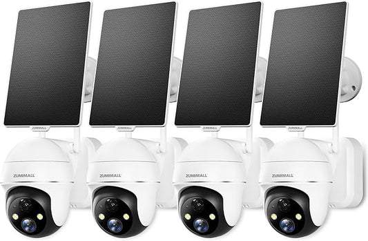 ZUMIMALL Solar Security Cameras Wireless Outdoor - 4 Packs, 360° View Outdoor Camera Wireless Solar Powered,2.4G WiFi Only, Spotlight/Siren//3MP Color Night Vision/AI Detection/IP66, Work with Alexa