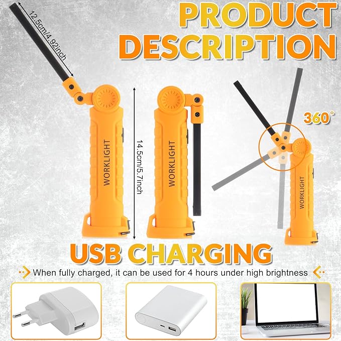 Mudder 6 Pcs LED Work Flashlights with Magnetic Base, Rechargeable, Portable, Yellow