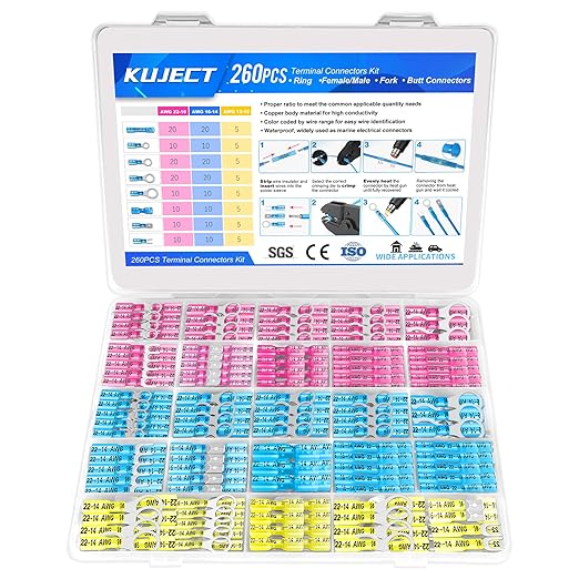 Kuject 260PCS Heat Shrink Wire Connectors Kit, Electrical Waterproof Crimp Butt Terminals, Insulated Spade Connectors for Automotive Marine Boat Truck, Include Rings Forks Spade Butt Splices
