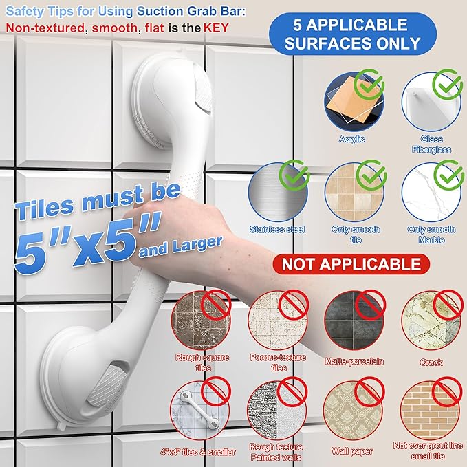 AirTight® Grab Bars for Shower Heavy-Duty (2Pack) 16-Inch ADA Compliant Grab Bar for Seniors Shower Handles for Elderly Suction Handicap Safety Handrail for Bathroom Bathtubs Toilet Tiles White