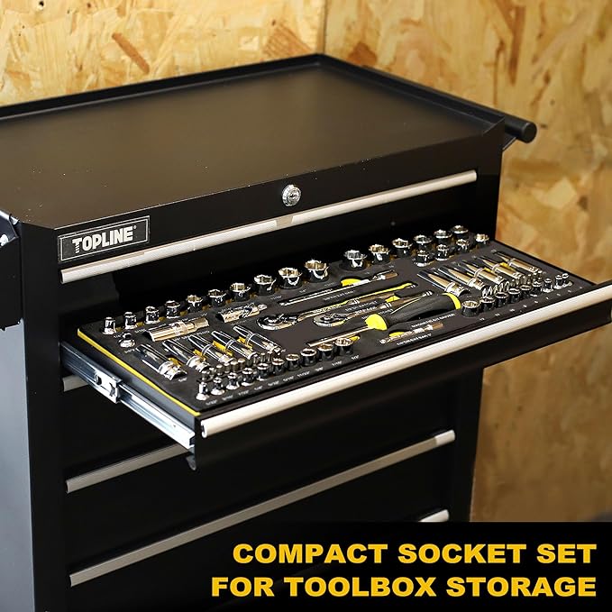 TOPLINE 79-Piece 1/4” & 3/8”Drive Impact Socket Wrech Set, 6-Point Socket Set, Metric, SAE CR-V Sockets with EVA Foam Tray for Bench Storage, Deep & Standard Mechanic Tool Set for Home Maintenance