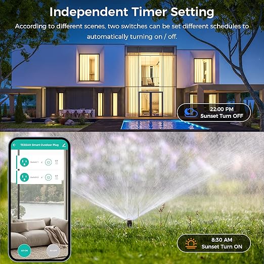 Outdoor Smart Plug Waterproof, TESSAN Smart WiFi Outlet Compatible with Alexa, Google Assistant, 2 Individual Sockets Outside Power Strip with Switch, 2.4GHz Wi-Fi Only, for Lights and 2HP Pool Pump