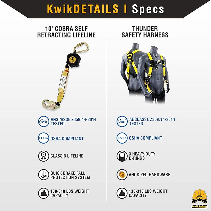 KwikSafety - 10' Cobra Web Self-Retracting Lifeline [Combo] Class 1 Retractable Safety Lanyard SRL ANSI OSHA Fall Gear