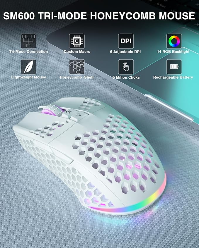 SM600 White Wireless Gaming Mouse,Tri-Modes BT5.1/Type-C Wired/2.4G Wireless Mouse with 2 Side Buttons, Programmable Macro Gamer Mouse with RGB Light for Laptop/PC/Mac