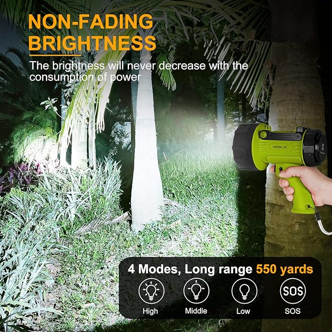 YIERBLUE Rechargeable Spotlight Flashlight with Super High High Lumen LED, IP67 Waterproof Long Running Spot Light searchlight, Impact Resistant Handheld Spotlight with Foldable Stand and Red Lens