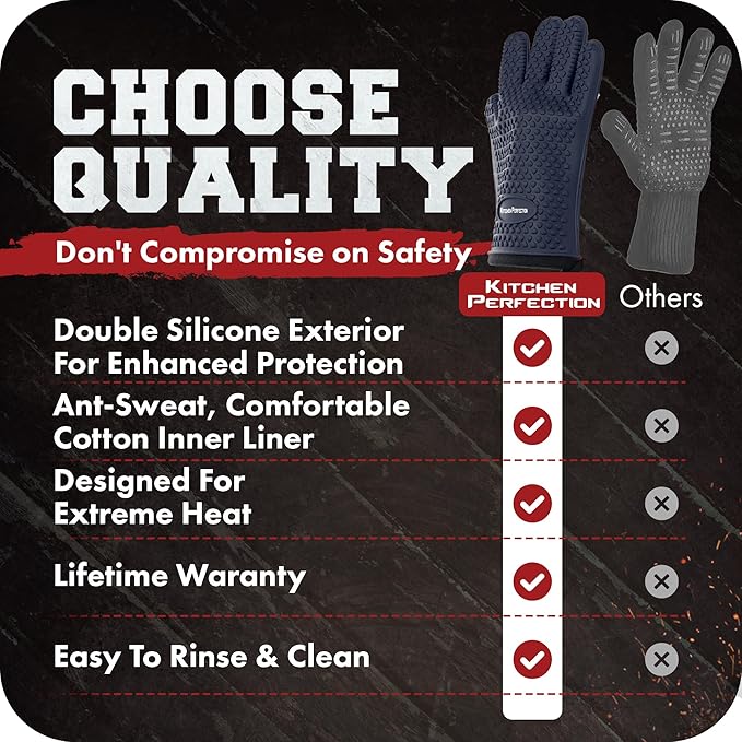 KITCHEN PERFECTION S Silicone Smoker Oven Gloves -Extreme Heat Resistant BBQ Gloves -Handle Hot Food Right on Your Grill Fryer Pit|Waterproof Oven Mitts |Superior Value Set+3 Bonuses