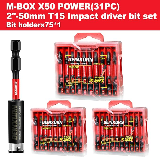 30Pieces 2 In. T15 Impact Tough Magnetic Screwdriver Bit Set, #15 Torx Head Power Bits, S2 Alloy Steel Star Bits with 1Pc Impact Bit Holder and Storage M-Box
