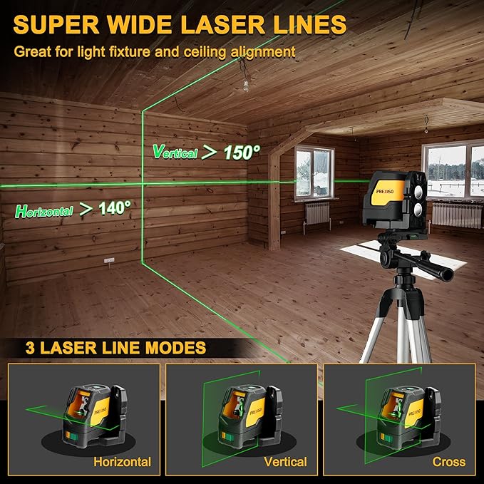 Prexiso Laser Level with Tripod, IP54 Professional 150 Wide Angle - 100Ft Cross Laser Line Tool for Construction, Ceiling Alignment, Floor Tile