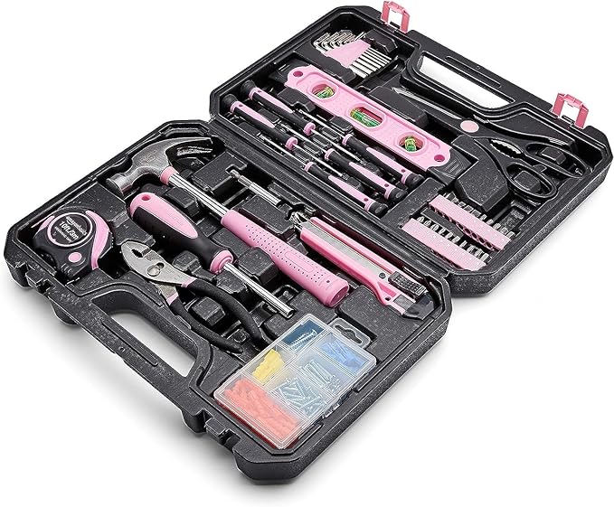 Amazon Basics Household Tool Kit With Storage Case, 142 Piece, Pink, 13.39 x 9.25 x 2.95 inch