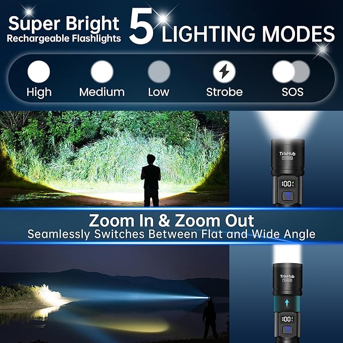 Rechargeable Flashlights 2 Pack, Super Bright High Lumens Flash Light, 5 Modes Zoomable Linternas with LCD Digital Display, Powerful Handheld LED Flashlights for Emergencies Camping
