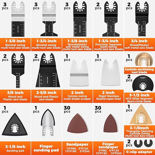 87PCS Oscillating Saw Blades, Multitool Blades Kit for Metal Wood Plastic Oscillating Tool Blades Accessories with Sandpaper Compatible with Milwaukee, Ryobi, Rockwell, Makita, Bosch