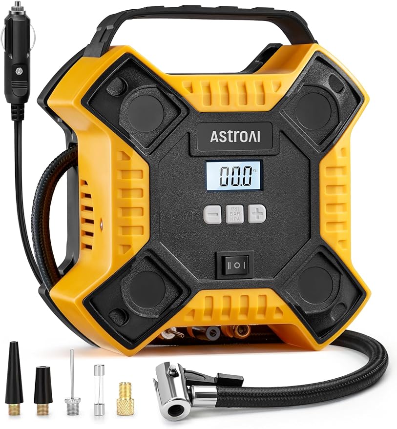 AstroAI Air Compressor Tire Inflator Portable Air Pump for Car Tires, 12V DC Integrated Metal Structure Tire Pump 160PSI with LED Light for Cars, Bicycles, Motorcycles, and Other Inflatables(Yellow)