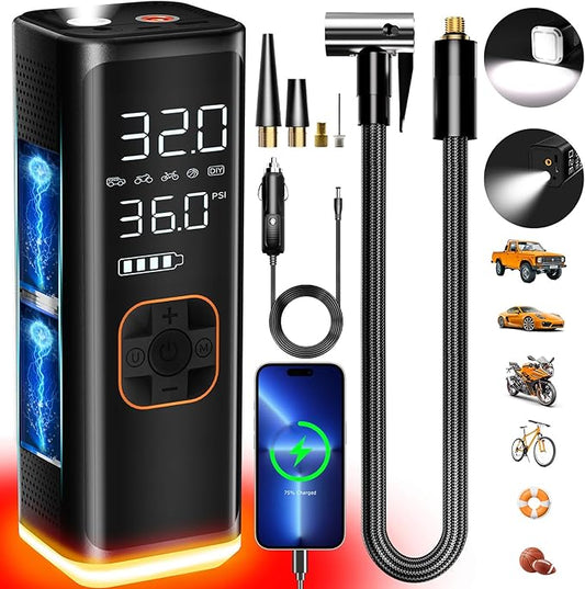 Tire Inflator Portable Air Compressor,12V DC Truck Air Pump for Car Tires,150PSI Portable Air Compressor with Pressure Gauge/LED Light,20000MAH Portable Tire Inflator for Car, Moto, Bike(Black)