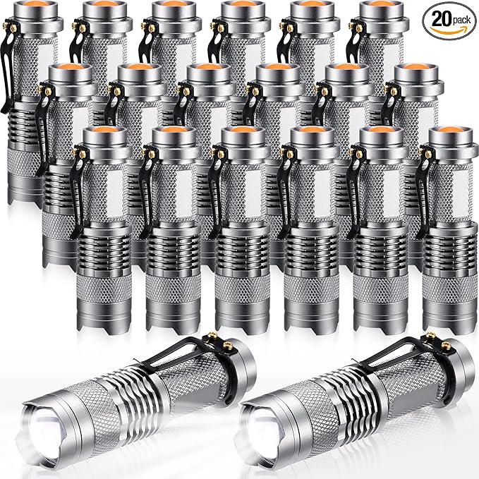 Fumete 20 Pieces LED Flashlight Mini 3 Mode Tactical Torch Small Water Resistant Pocket Flash Light Adjustable Focus Light Pen for Men, Father, Indoor Outdoor Hiking(Silver)