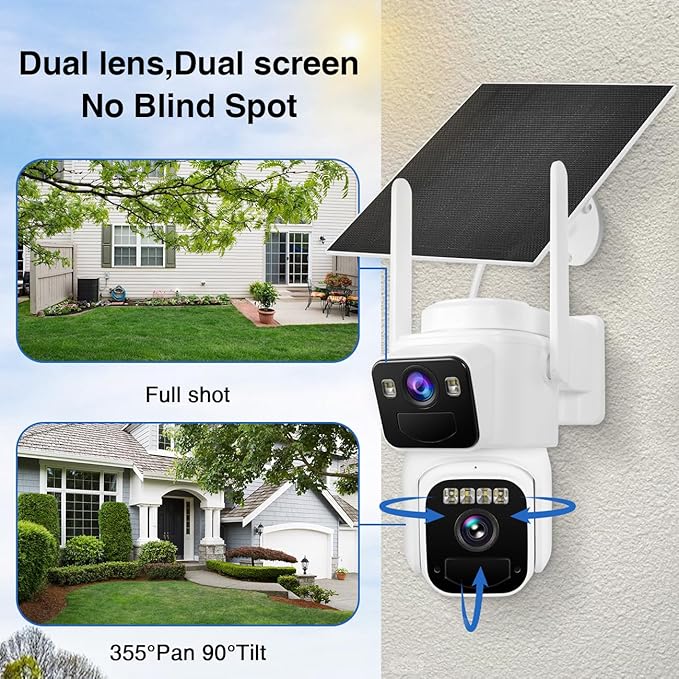 Dual Lens Dual Screen 2K Solar Security Camera Wireless Outdoor 360° View Battery Powered Camera with Spotlight Color Night Vision, PIR Sensor WiFi Home Security System