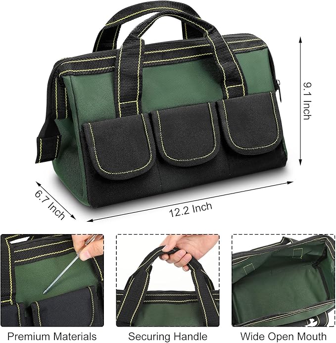 Sanwuta 3 Pack Tool Bag for Men with Waterproof Hard Bottom, Heavy Duty Tool Bag Wide Mouth Tote for Various Instrument, Electrician Carpenter Mechanic(13 Inch,Red, Army Green, Blue)