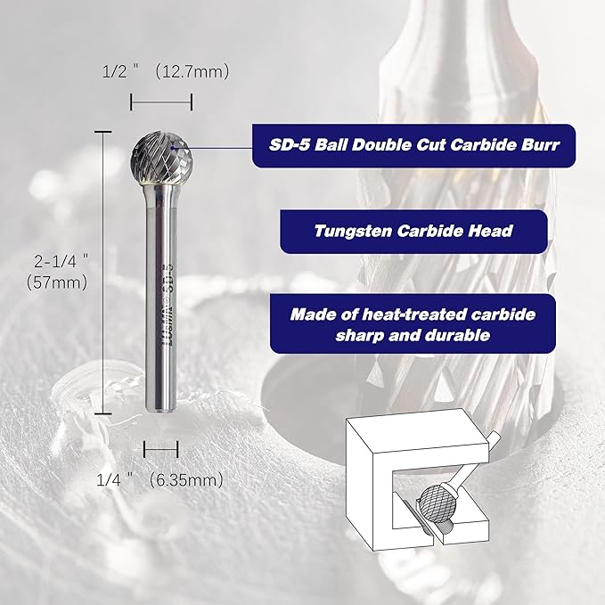 SD-5 Tungsten Carbide Burr ball Shape Double Cut Rotary Burrs File(1/2''cutter Dia ， 1/2''Cutter Length) with 1/4'' (6.35mm) Shank dia, used for metalwork, tool making, engineering, grinding by LU&MN