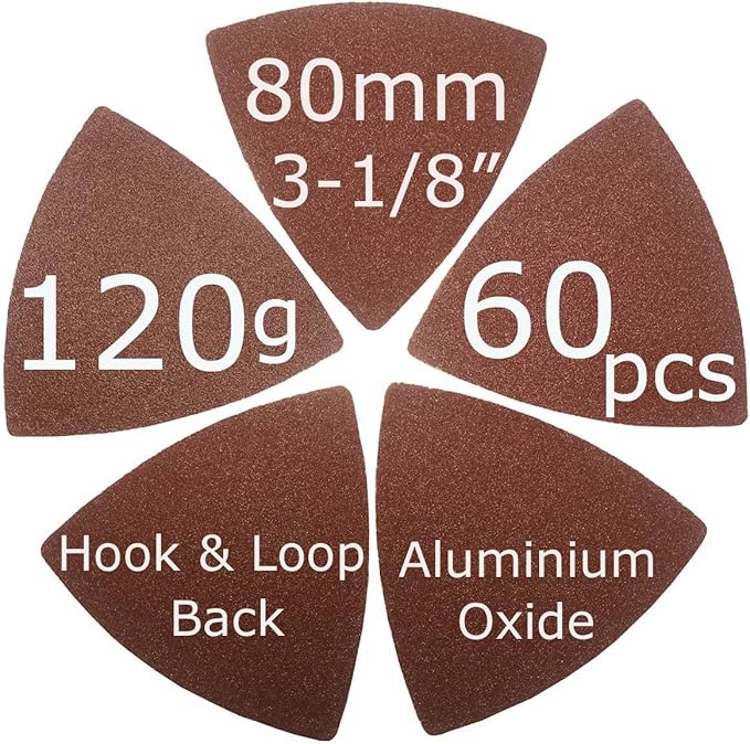 XXGO 60 Pcs 120 Grits Triangular 3-1/8 Inch 80mm Hook & Loop Oscillating Tool Sanding Paper for Wood Sanding Fit 3-1/8 Inch 80mm Triangular Oscillating Multi Tool Sanding Pads XG8020120