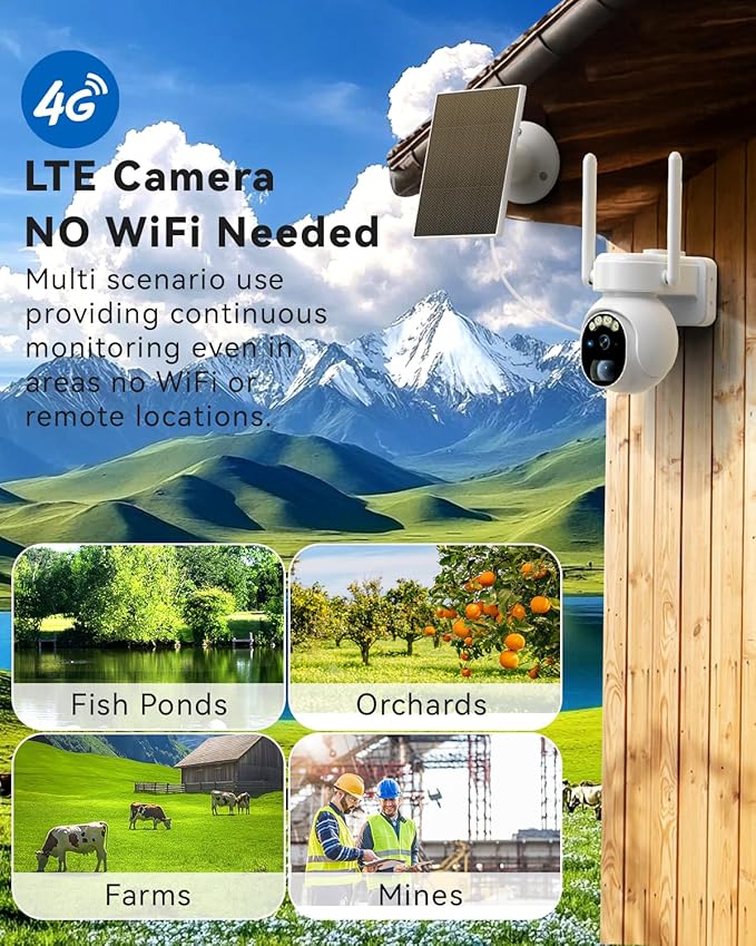 Solar Security Cameras Wireless Outdoor - 4G LTE Battery Powered Cameras for Home Security, 360°View PTZ, IP66 Waterproof, 2K HD Color Night Vision, Human Tracking, 2-Way Audio, SD/Cloud Storage