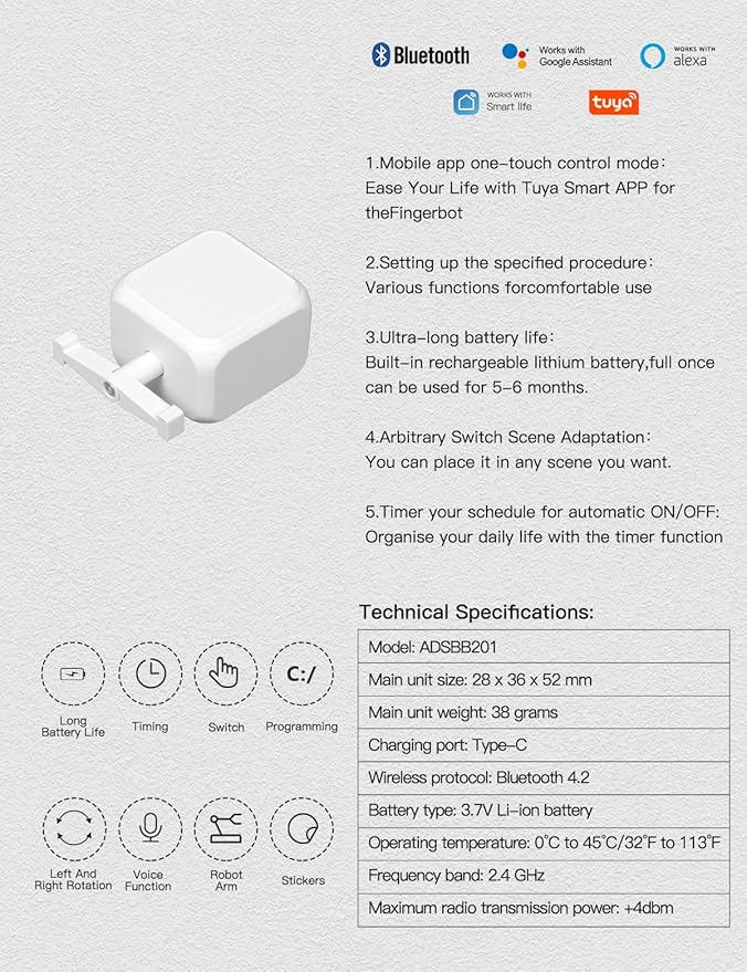 MOES Rock Switch Fingerbot 3nd Generation, Timer Control Work with Smart Life App, Add MOES Tuya Bluetooth Hub Make it Compatible with Alexa and Google Home(Need BLE Hub