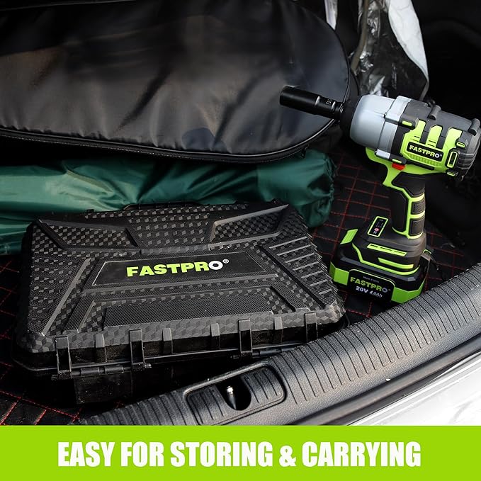 FASTPRO Cordless Impact Wrench, 1/2 Inch Brushless Impact Gun (500N.M) with 4.0 Ah Battery & Charger, Includes 4 Sockets and Storage Case – Ideal for Automotive and DIY Projects