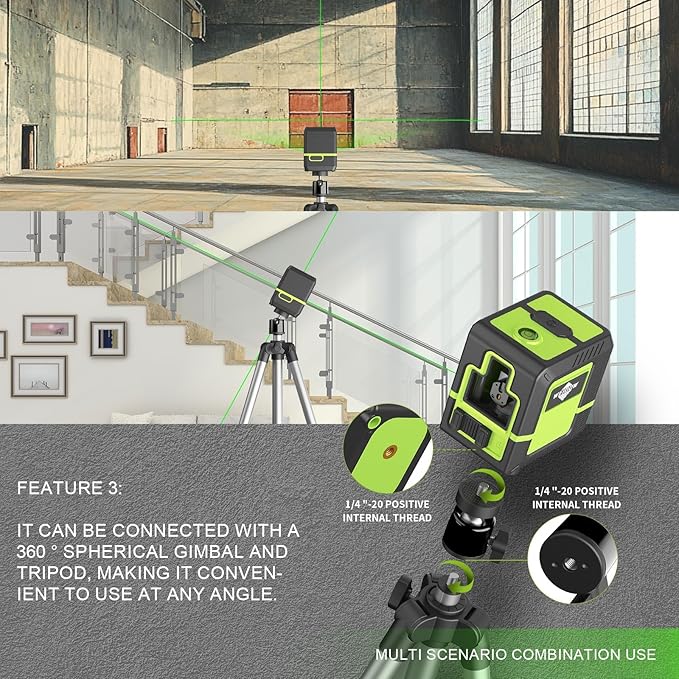 laser level Instrument - Green Cross Line, for interior decoration, for vertical and horizontal measurement, 1200 mAh lithium battery, 10-hour standby time + 1M tripod