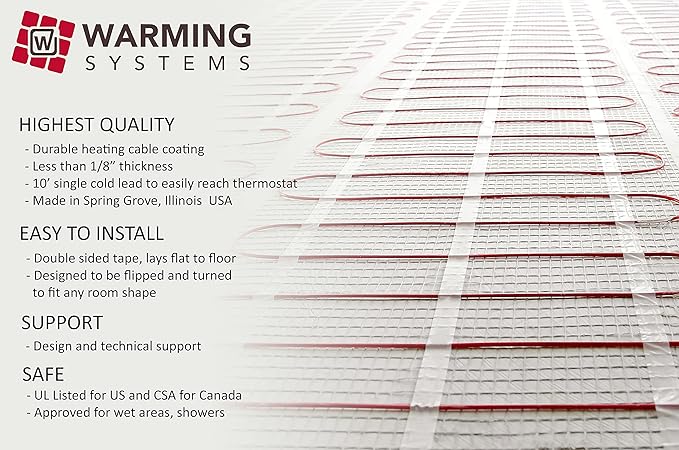 60 Sqft Mat, Electric Radiant Floor Heating System with Digital Floor Sensing Thermostat, Includes 2 Floor Temperature Sensors and Installation Monitor, Heated Floor System, Radiant Floor Heating Mat