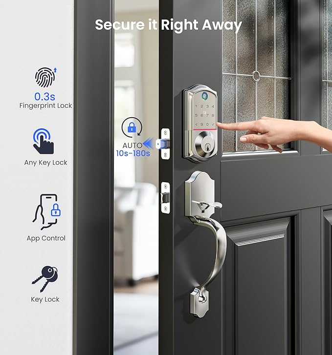 Veise VE017-H Fingerprint Smart Front Door Lock Set, App Control, Keyless Entry Deadbolt with Handle, Smart Deadbolt, Emergency Power Port, Touchscreen Keypad, Auto Lock, Easy Install, Satin Nickel
