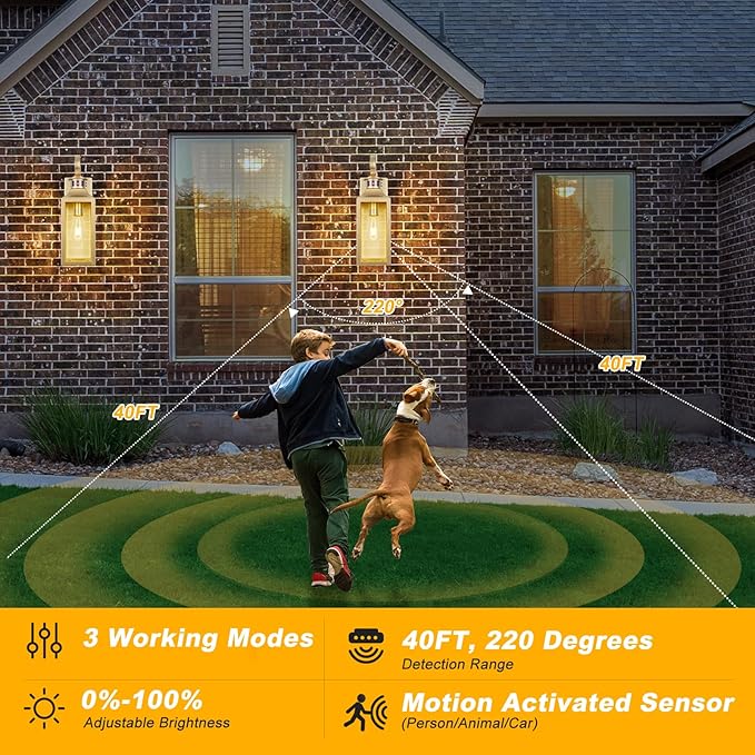 Motion Sensor Outdoor Wall Lights 2 Pack - Gold Dusk to Dawn Light Fixtures, Modern Exterior Wall Sconces, Large Outside Lamps for House, Garage Wall Lanterns 16"