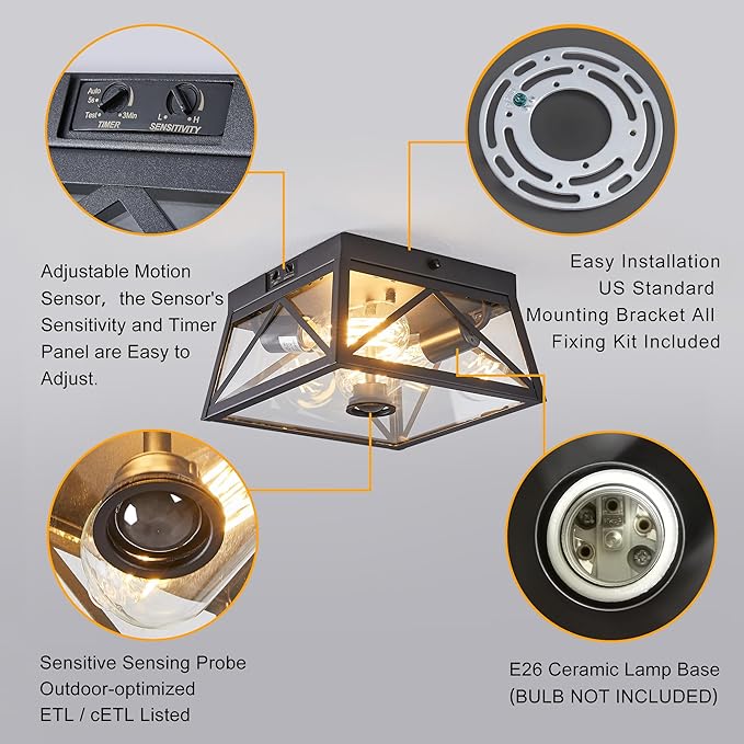 Adjustable Outdoor Motion Sensor Ceiling Light,10" Modern Industrial Design of Squares Flush Mount 2-Light with Clear Glass for Your Porch,Garage,Patio,Hallway,Entryway