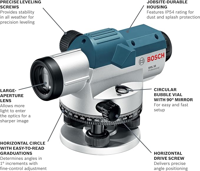 BOSCH GOL 32 32X Automatic Optical Level, Includes Plumb Bob, Tool Kit, & Carrying Case