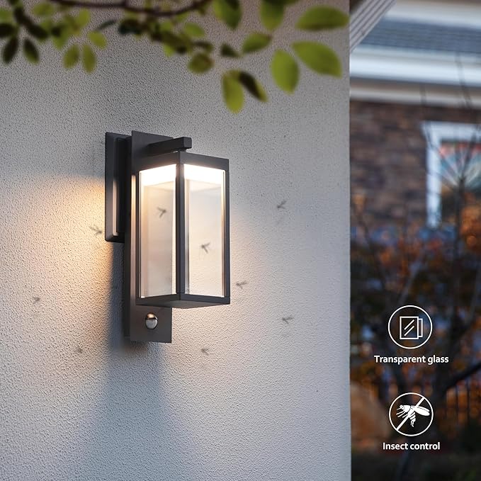Motion Sensor Outdoor Wall Light, Modern Black Waterproof LED Exterior Sconce - Security Lighting Fixture for Porch Garage Garden Walkway Backyard