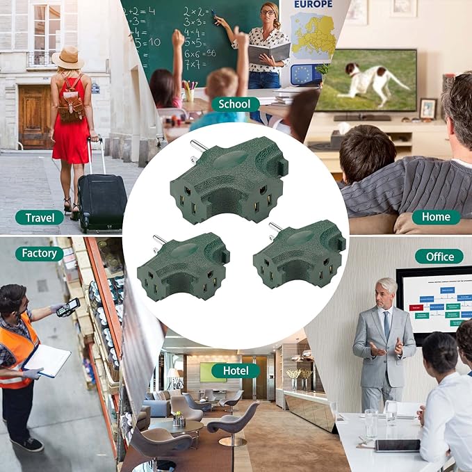 ETL Listed 3 Outlet Grounding Adapter, BTU Three Plug Outlet Adapter Splitter, Heavy Duty Grounded Power Tap, 3-Prong Outlet Adapter, Multi-Plug Extender, Green (Pack of 3)