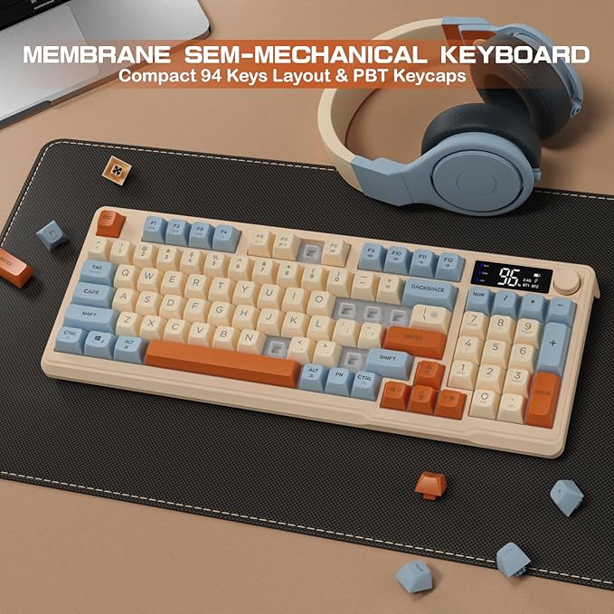ZIYOU LANG M96 Wireless Gaming Silent Membrane Keyboard,Display Screen & Knob with Multimedia Keys Dual Mode Bluetooth/2.4Ghz,Rainbow Backlight 94Keys Ball Shape PBT Keycap ANSI Layout for Win/Mac