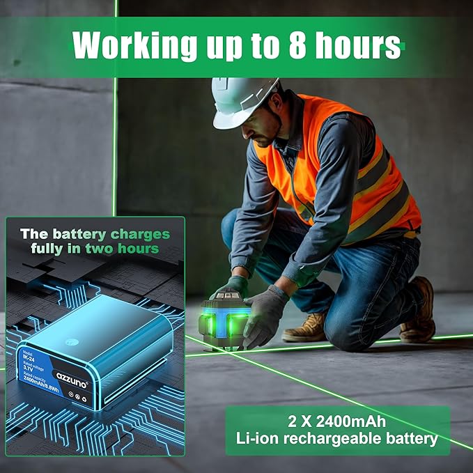 AZZUNO Laser Level 360 Self Leveling Green Beam with LCD Screen, 4x360 lazer leveler tool, Rechargeable Battery & Magnetic Base - Ideal for Construction, Tiling, Tool Gift