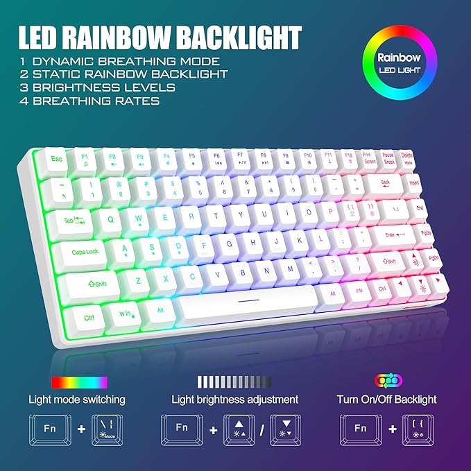 RedThunder K84 Wireless Keyboard and Mouse Combo, Rainbow Backlit Rechargeable Battery, 75% Layout TKL Ultra Compact Gaming Keyboard & Lightweight 3200 DPI Honeycomb Optical Mouse (White)
