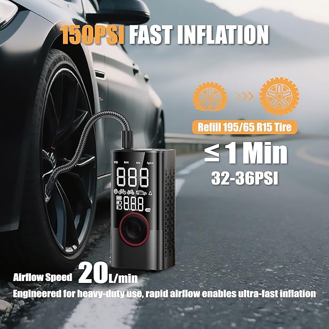 Tire Inflator Portable Air Compressor,150PSI Cordless Air Pump with Digital Pressure Gauge for Car, Bike，Motorcycle & Ball, Emergency LED Light and Auto Shut-Off, Car Accessories