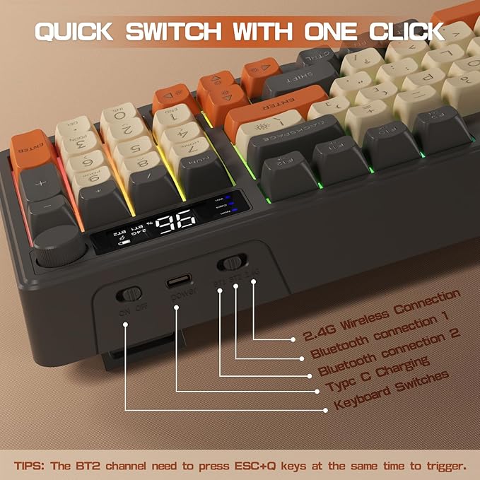 ZIYOU LANG M96 Wireless Gaming Silent Membrane Keyboard,Display Screen & Knob with Multimedia Keys Dual Mode Bluetooth/2.4Ghz,Rainbow Backlight 94Keys Ball Shape PBT Keycap ANSI Layout for Win/Mac